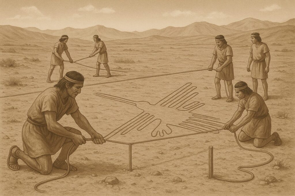 古代ナスカ人が杭とロープを使って地上絵を作成しているイメージ。古代の測量技術で巨大な絵を描く様子。