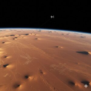 もしも宇宙からナスカの地上絵が見えたらどんな様子になるか、宇宙からの視点のイメージ図。