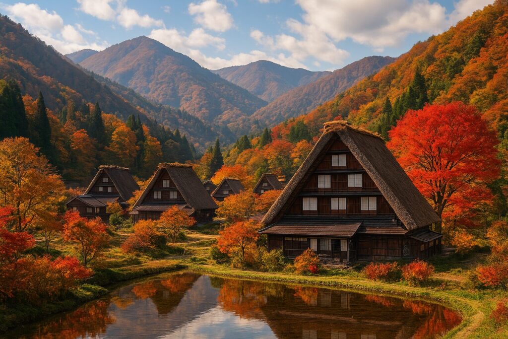 秋の白川郷・合掌造り集落。田んぼの水面に映り込む合掌造りの風景。岐阜県白川村の世界遺産。