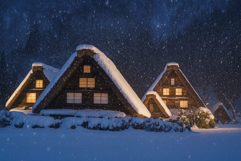 冬の合掌造り。厳しい冬、屋根に積雪が積もった白川郷の合掌造り家屋。豪雪への適応を示す急勾配の茅葺き屋根。
