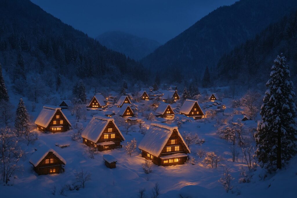 ライトアップされた夜の合掌造り。白川郷の冬の幻想的な夜景。世界遺産の夜間ライトアップ。