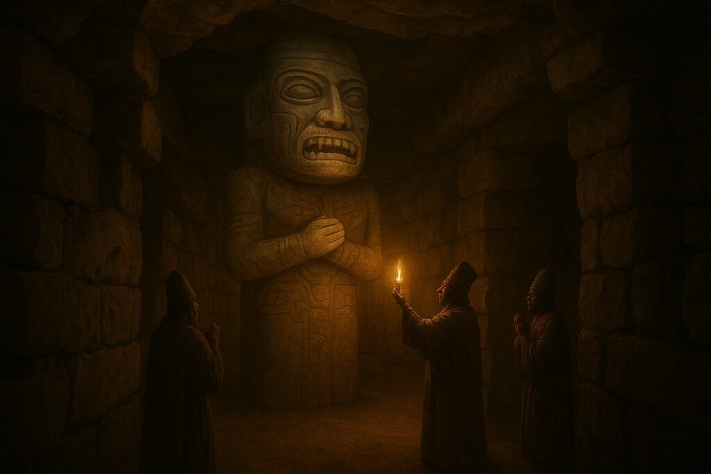 チャビン遺跡の地下神殿で、巨大なランソン神像を前に三人の神官が祈りを捧げる神秘的な情景。松明の灯りが石壁と神像を黄金色に照らし、厳かな儀式の雰囲気を強調している。