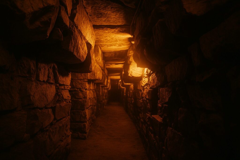 チャビン遺跡の地下回廊を冒険的に表現した画像。暖かなオレンジ色の光が荒々しい石壁を照らし、奥へ続く暗い通路が神秘と探究心をかき立てる雰囲気を醸し出している。