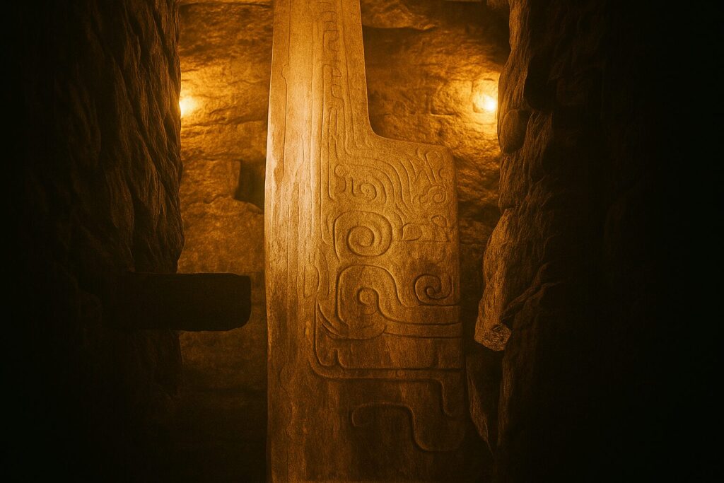 チャビン遺跡の地下神殿に立つ「ランソン石柱」を神秘的に描いた画像。黄金色の柔らかな光が彫刻された石の模様を照らし、周囲の暗い石壁と対比して古代の儀式的な雰囲気を漂わせている。