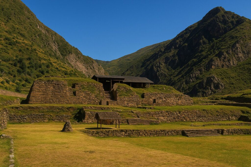 青空の下、山に囲まれたチャビン遺跡の外観