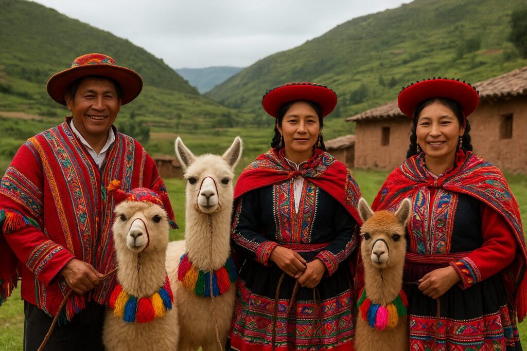 民族衣装を身に纏っているアンデスの人とアルパカとリャマ