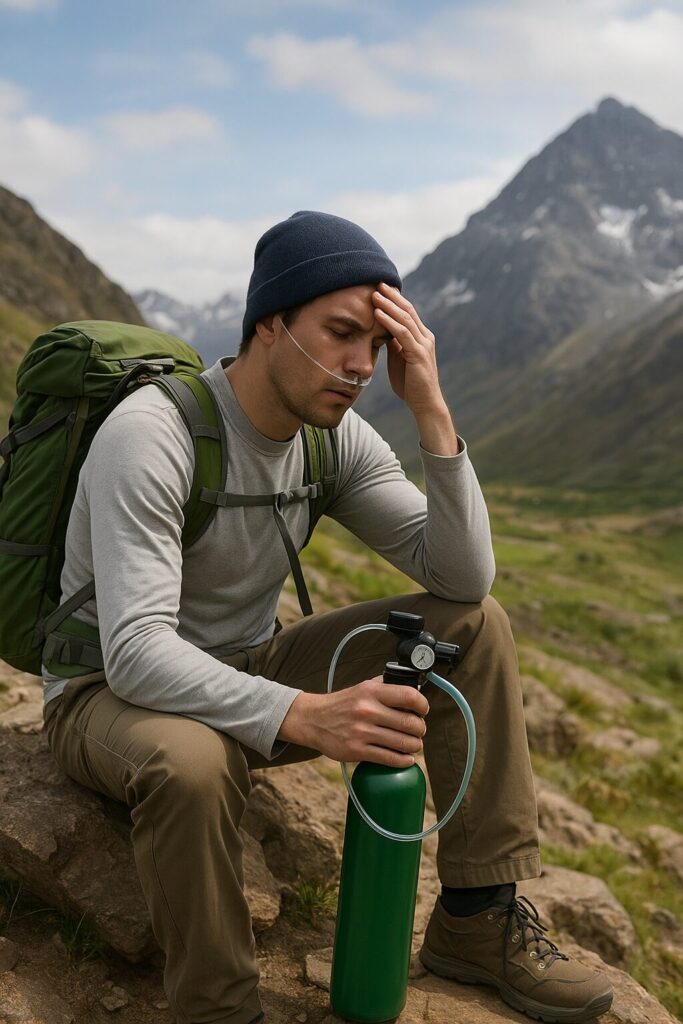 高山病に悩まされている人物が酸素ボンベで酸素を補給して休憩している