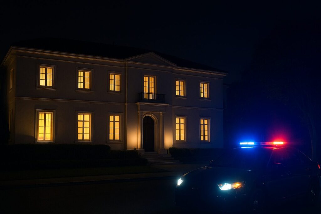 暗がりの中、建物の前にパトカーが待機している