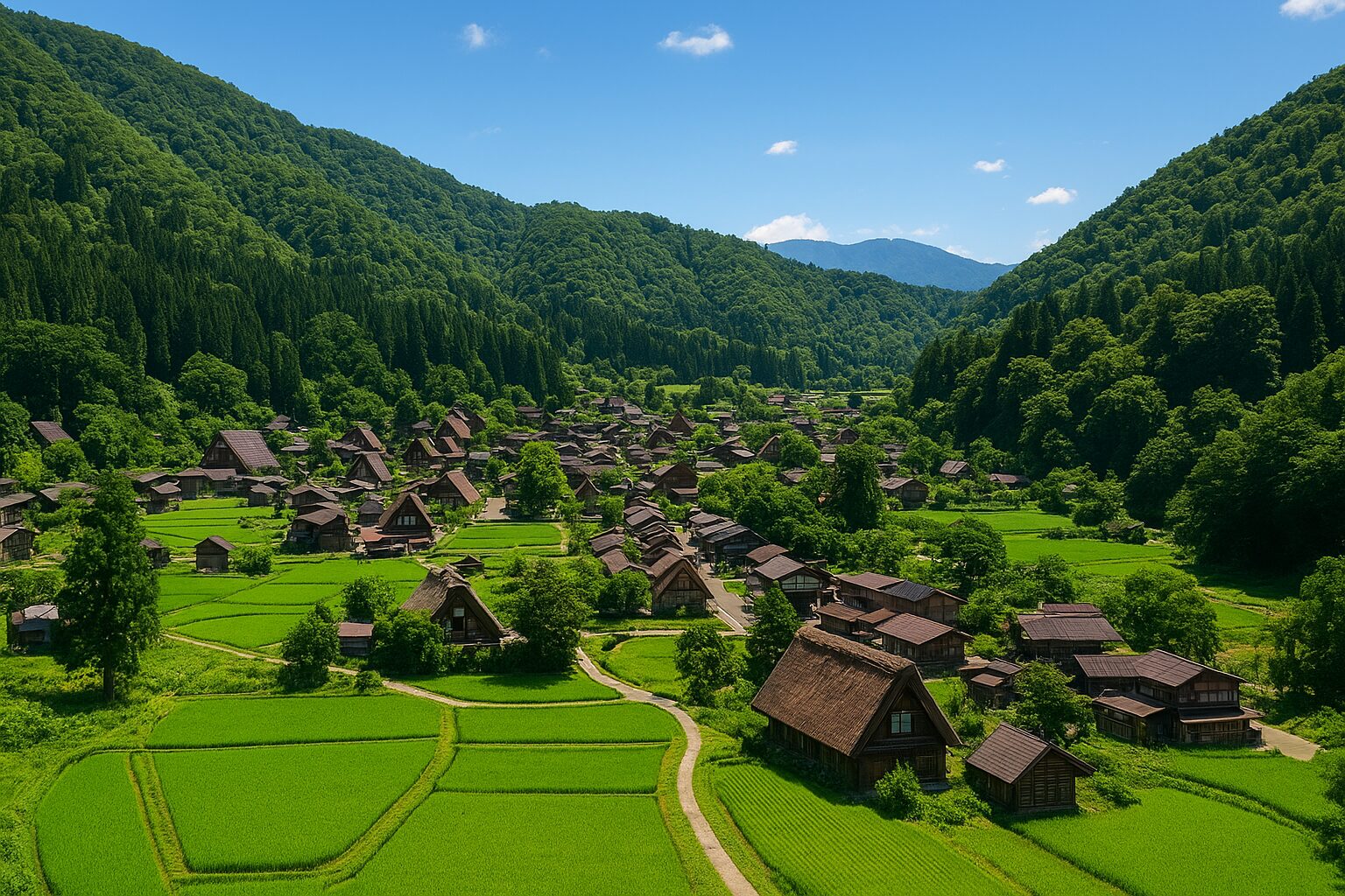 夏の白川郷の風景。緑豊かな田んぼと青空に囲まれた合掌造り集落。
