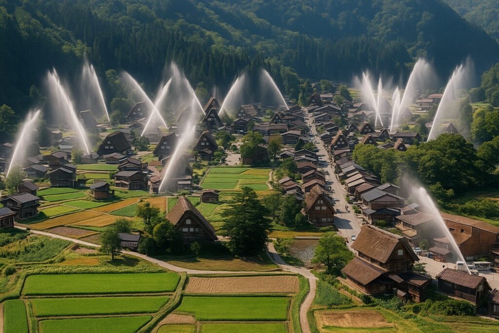 白川郷で行われる一斉放水訓練の様子。合掌造りを守るため放水銃から水が噴射されている。