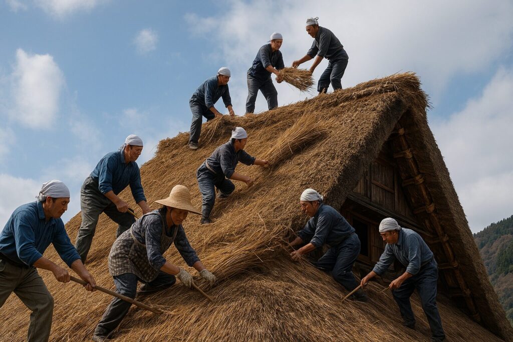 「結(ゆい)」の様子。多くの日本の村人たちが協力して合掌造りの屋根を葺き替えている。