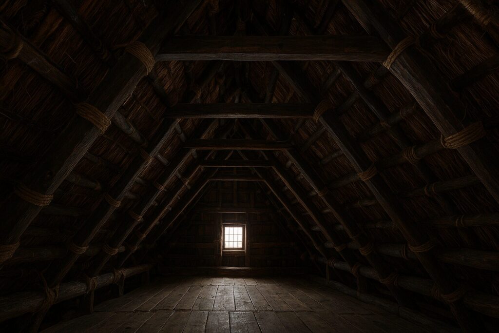 合掌造りの家屋内部の屋根裏部屋。養蚕が行われていた多層階の木組み構造。
