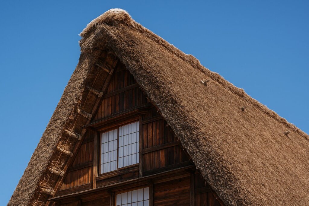 合掌造りの急勾配な茅葺き屋根のディテール。豪雪に適応した建築構造がわかる。
