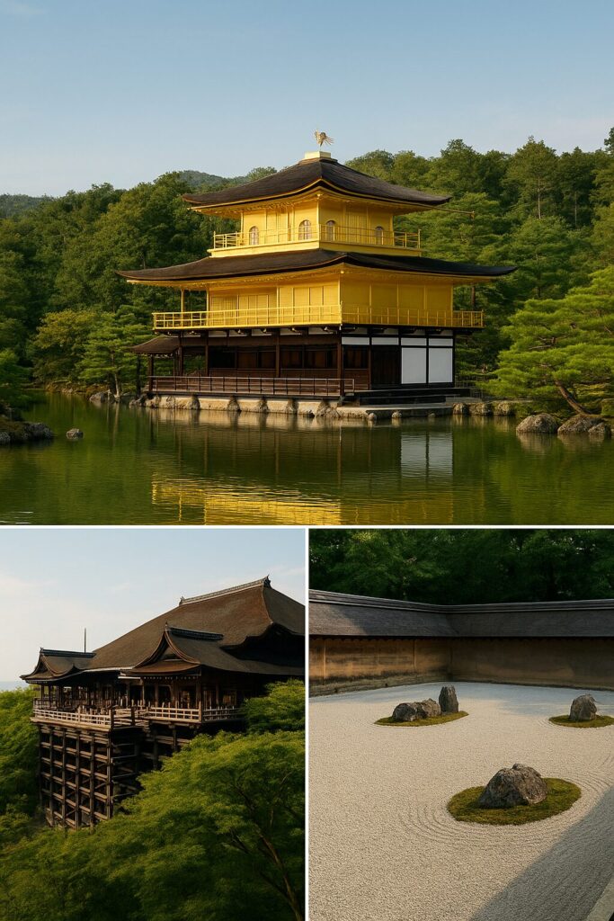 京都の世界遺産を象徴するイメージ。金閣寺・清水寺・龍安寺の石庭など京都の多様な文化遺産。