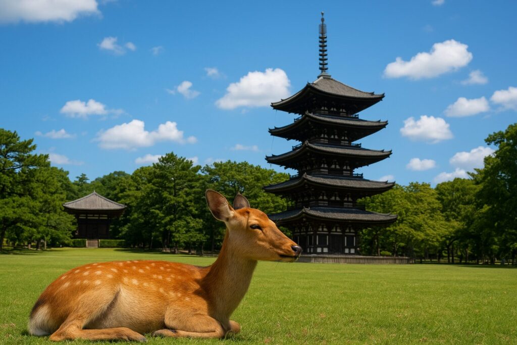 奈良公園の芝生でくつろぐ鹿と、背景にそびえ立つ興福寺の五重塔。奈良の世界遺産を象徴する風景。