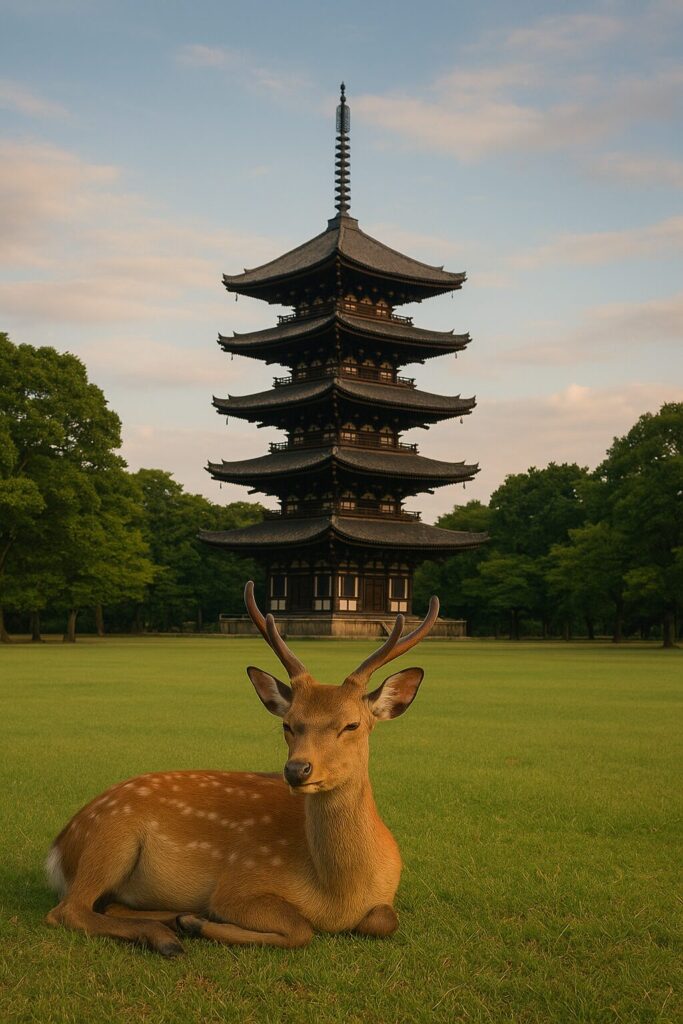 奈良公園で休む鹿と、背景にそびえる法隆寺の五重塔が描かれた、奈良の荘厳な歴史を象徴する風景