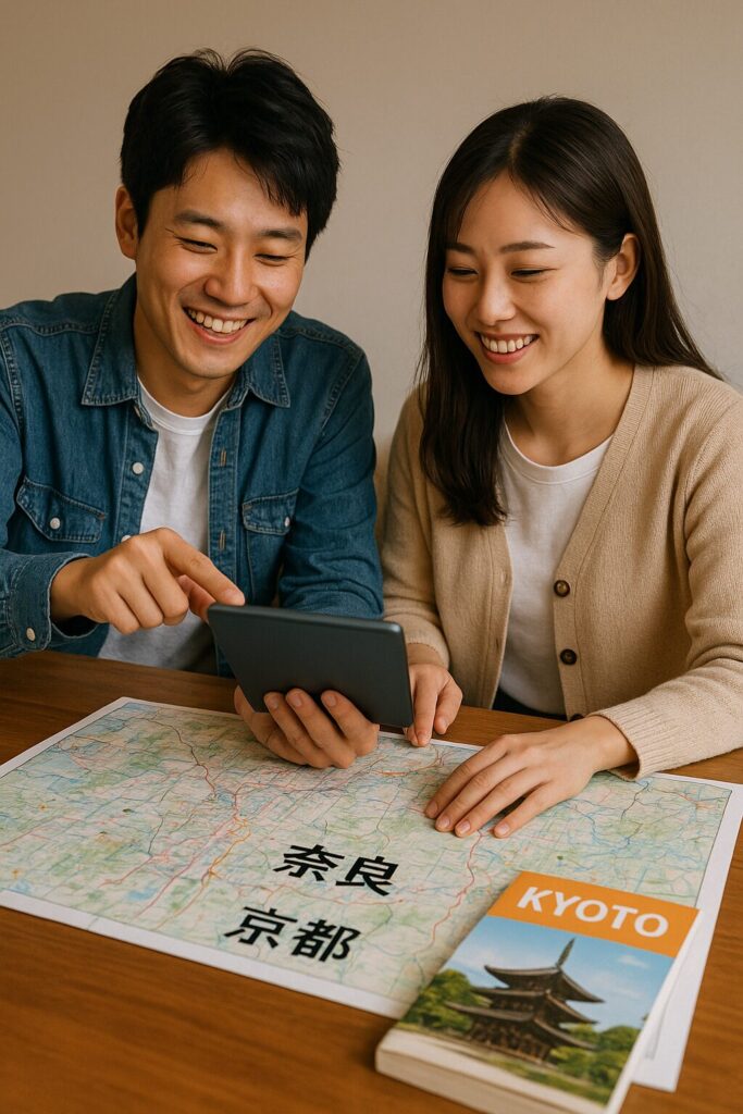 奈良と京都の地図やガイドブックを広げ、タブレットを見ながら楽しそうに旅行の計画を立てている日本人のカップル