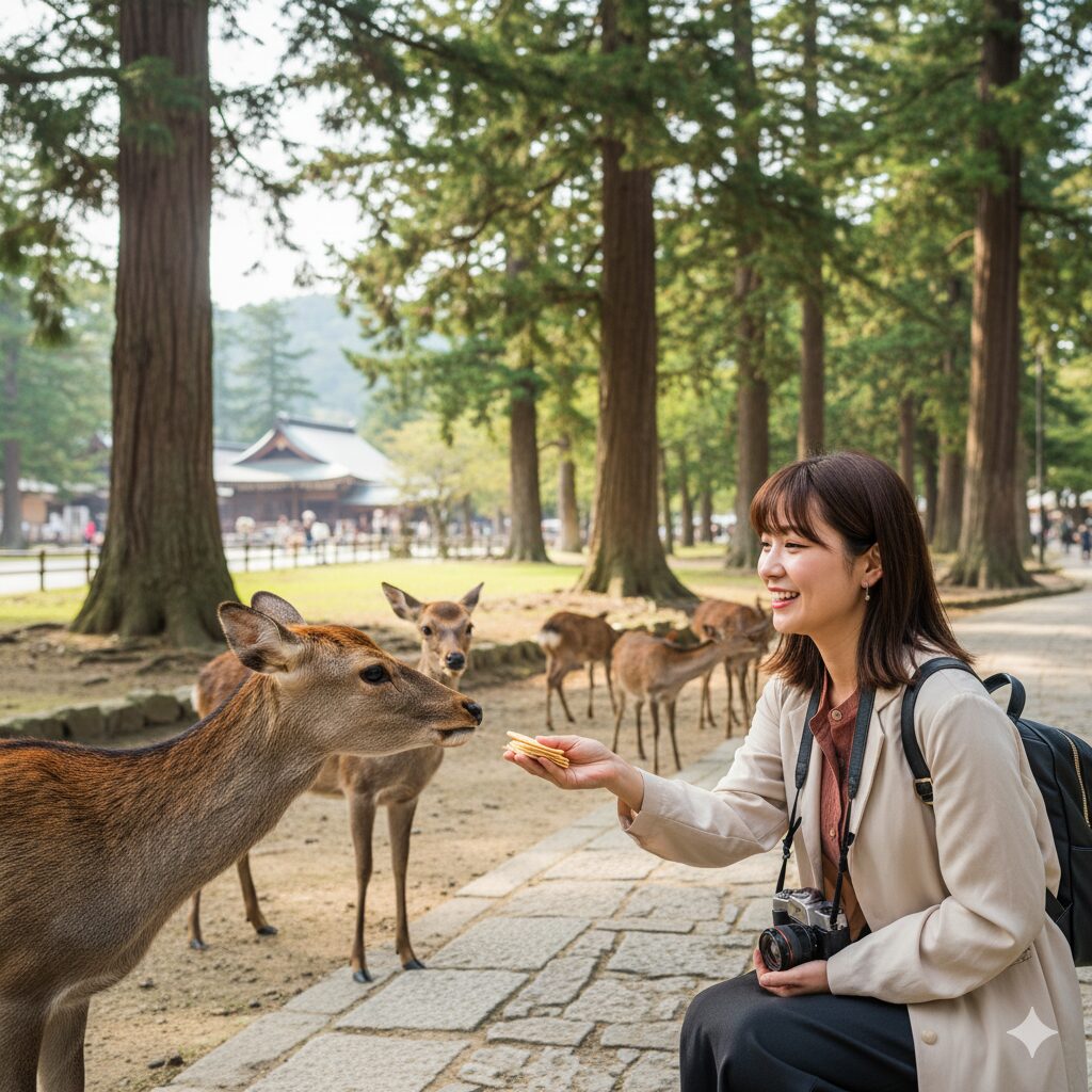 奈良公園で鹿せんべいを鹿にあげようとしている日本人女性観光客（奈良観光の体験イメージ）