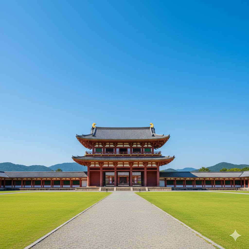 古都奈良の文化財の象徴である東大寺の大仏殿。世界最大級の木造建築の壮大な正面からの全景。