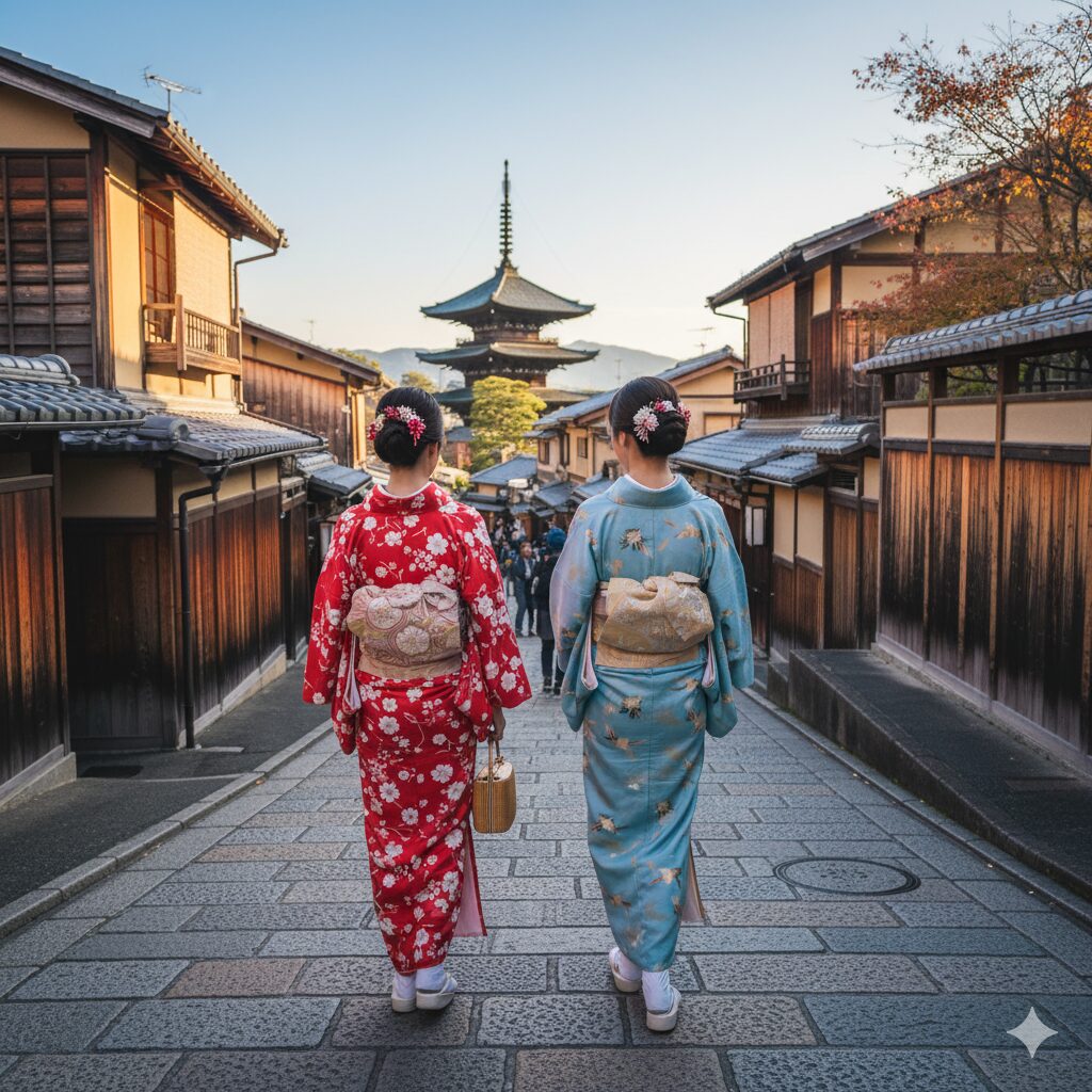 京都の風情ある石畳の坂（二年坂・産寧坂）を着物姿で歩く二人の日本人女性の後ろ姿（京都観光の体験イメージ）