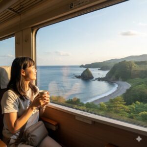 JR五能線を走る観光列車「リゾートしらかみ」の車窓から、日本海の絶景と沿岸の風景を眺める乗客