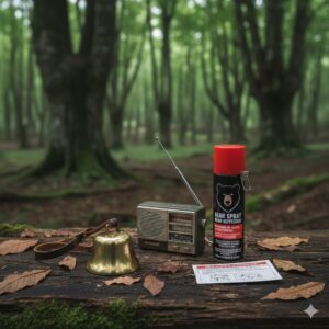 白神山地のトレッキングに必須の熊対策アイテム（熊鈴、ラジオ、熊撃退スプレー）を写した静物画