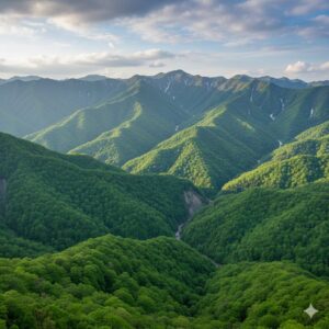 青森県と秋田県にまたがる、広大なブナ原生林に覆われた白神山地山脈の雄大なパノラマ全景（16:9）