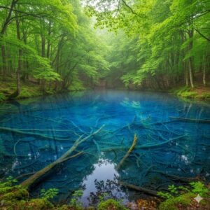 白神山地の十二湖エリアにある、水中の倒木が透けて見える鮮やかなコバルトブルーの「青池」の神秘的な光景（16:9）