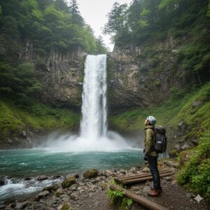 険しい渓谷を流れ落ちる、迫力ある暗門の滝（第一の滝）。トレッキング装備の日本人ハイカーが安全な距離から見上げる様子（16:9）