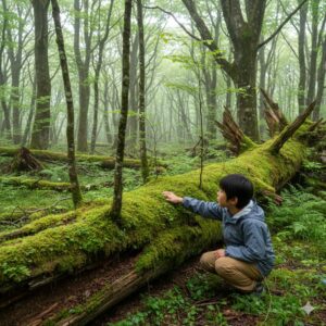 白神山地の森の中で、苔むしたブナの倒木（倒木更新）を優しく触れる日本人児童。自然の再生と未来世代への継承を象徴
