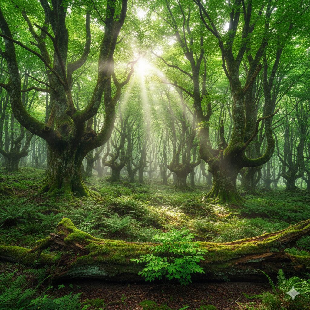 太陽の光が差し込む、厚い幹と緑豊かな原生的なブナ林の内部。白神山地の自然のままの森の規模と純粋さを強調