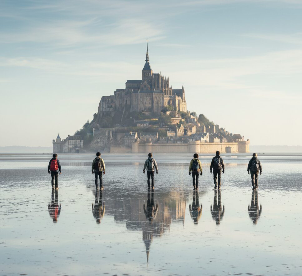 干潮時の広大な干潟を通り、1300年の歴史が刻まれた聖地モン・サン・ミッシェルへと向かう巡礼の道のり。