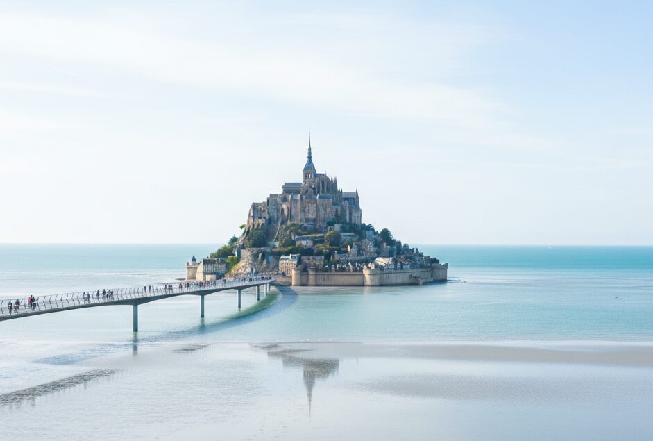 環境再生プロジェクトによって再び海に浮かぶ島としての姿を取り戻した、モン・サン・ミッシェルと新しい橋の全景。