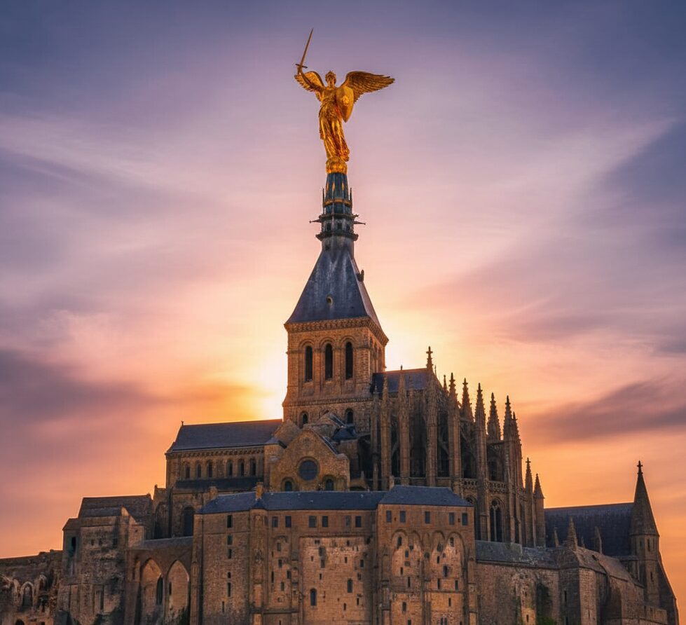1897年に完成し、現代のシルエットを形作ったモン・サン・ミッシェルの尖塔と黄金の大天使ミカエル像。