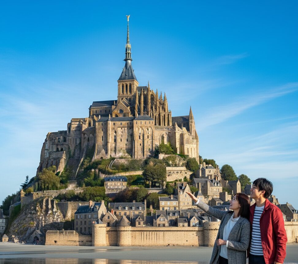 ロマネスク様式とゴシック様式が重なり合い、数百年の歳月をかけて進化を遂げたモン・サン・ミッシェル修道院の建築美。