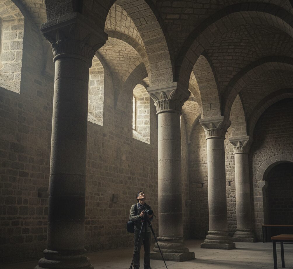 重厚な教会の建物を支えるために設計された、モン・サン・ミッシェル内部の「太い柱のクリプト(地下礼拝堂)」。