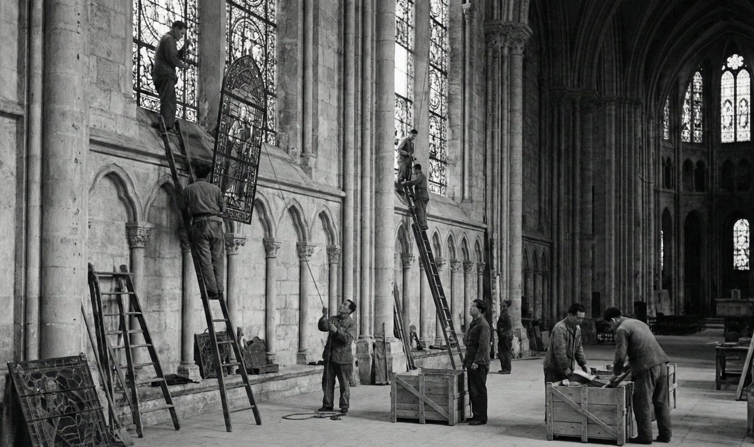 第二次世界大戦中、シャルトル大聖堂内部で、貴重なステンドグラスを戦火から守るため、欧米人の作業員たちが慎重に取り外し、木箱に梱包している歴史的な瞬間のモノクロ写真。
