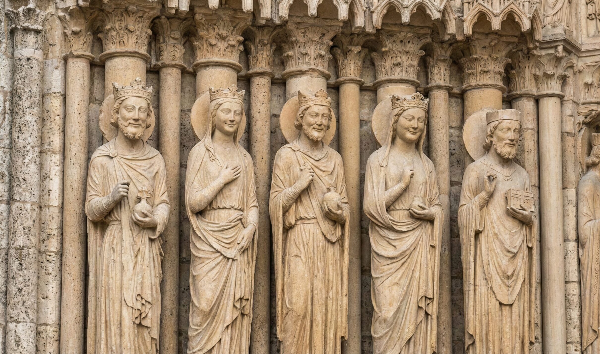 シャルトル大聖堂の西正面「王の扉口」に並ぶ、穏やかな表情を浮かべた旧約聖書の王と王妃の人像柱のクローズアップ写真。