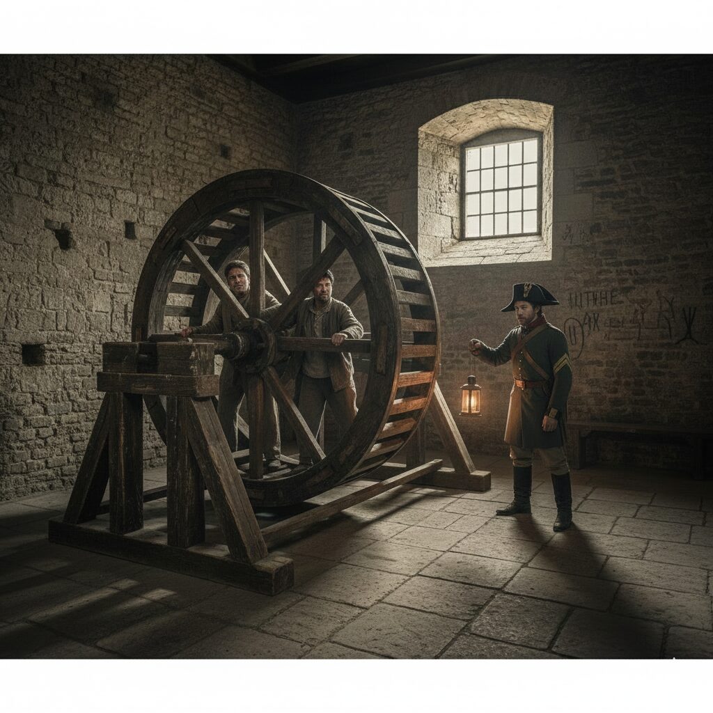 監獄時代に食料や資材を引き揚げるために使用されていた、モン・サン・ミッシェル内部の巨大な木製車輪。