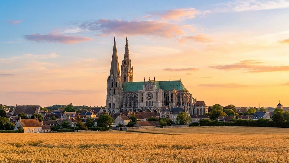 夕暮れ時の美しい光に包まれたシャルトル大聖堂の全景写真。特徴的な左右非対称の二つの尖塔が、周囲に広がる麦畑と街並みの上にそびえ立っている。