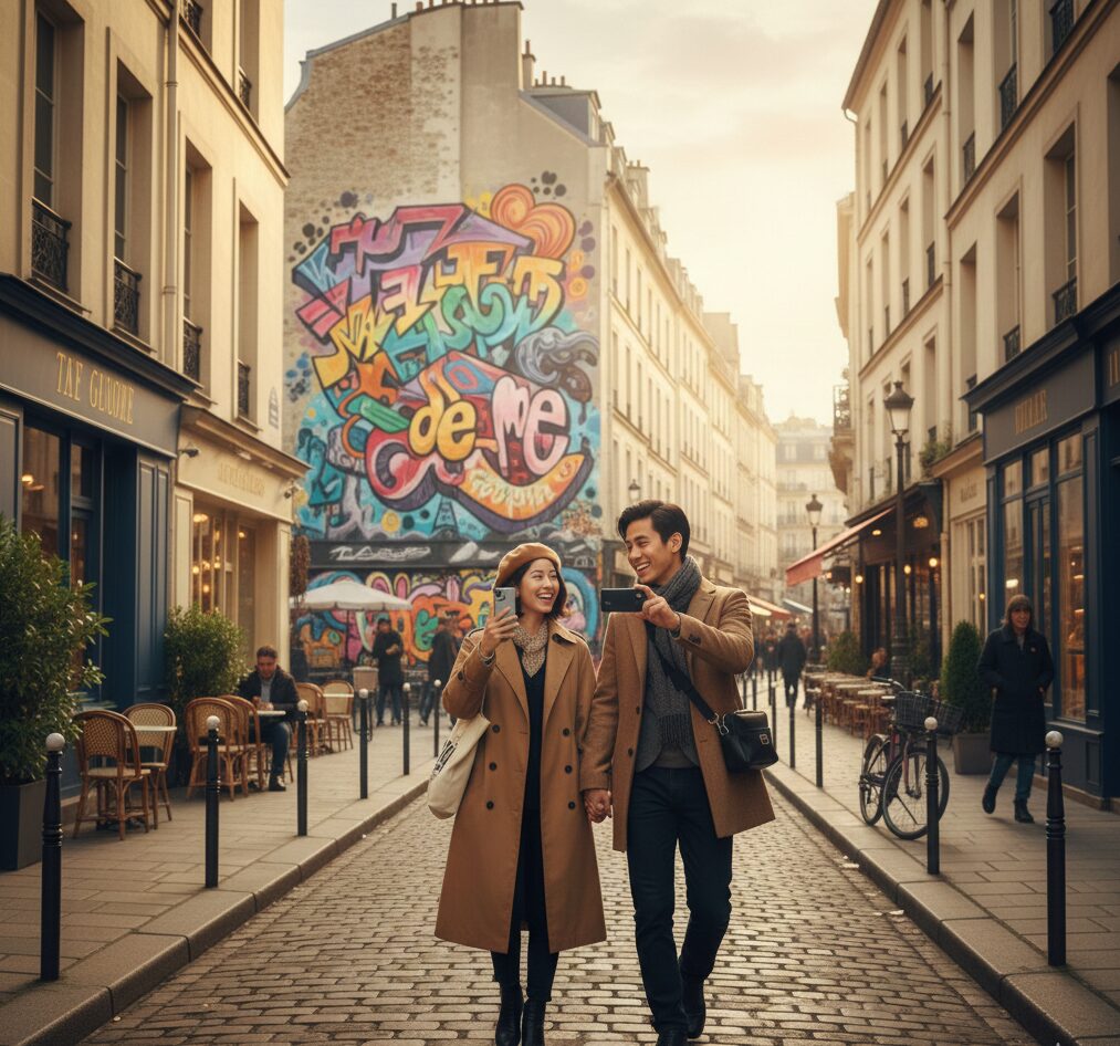 パリのモデルコースを歩く男女