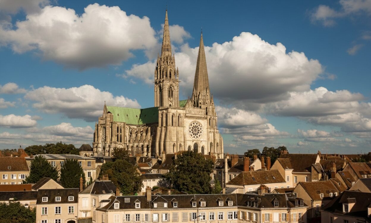 シャルトル大聖堂の全景。フランスの平原にそびえる二つの尖塔と世界遺産の荘厳な外観。