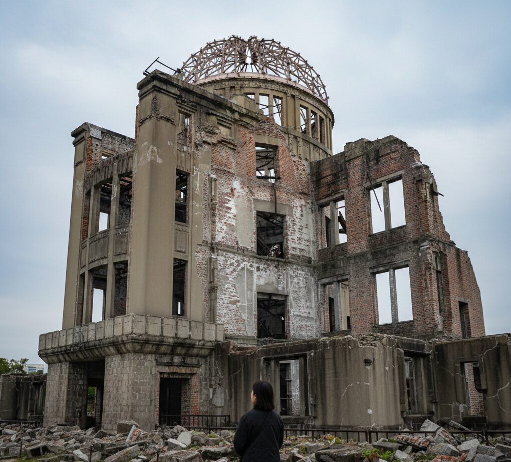 爆風に耐えた原爆ドームの堅牢なレンガ造りと歪んだ鉄骨の細部。爆心地至近距離での生存を物語る構造。
