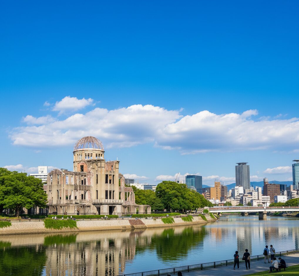 青空の下、元安川の対岸から見た広島の原爆ドーム（広島平和記念碑）の全景