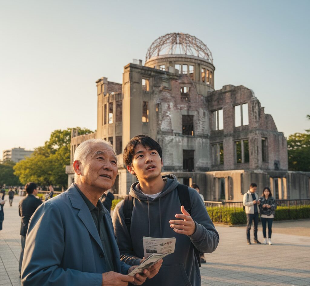原爆ドームを共に見上げる日本の若者と高齢の男性。世代を超えた平和学習の様子