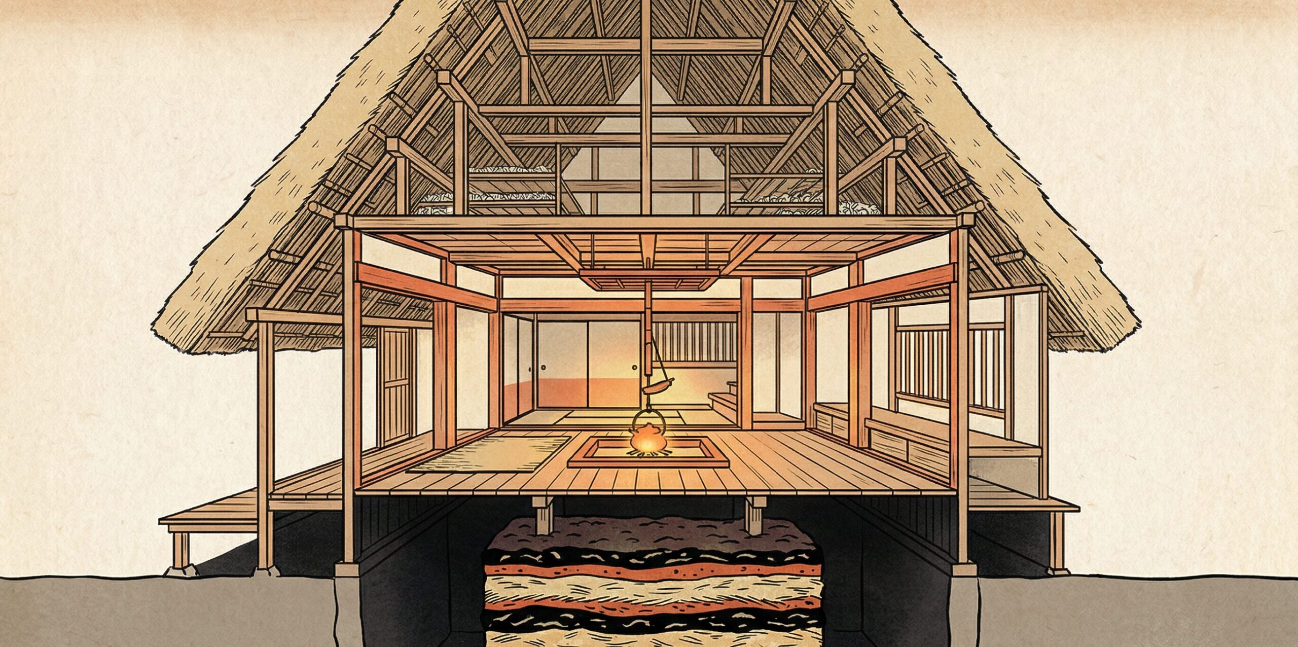 白川郷の軒下で火薬を生成しているイメージズ