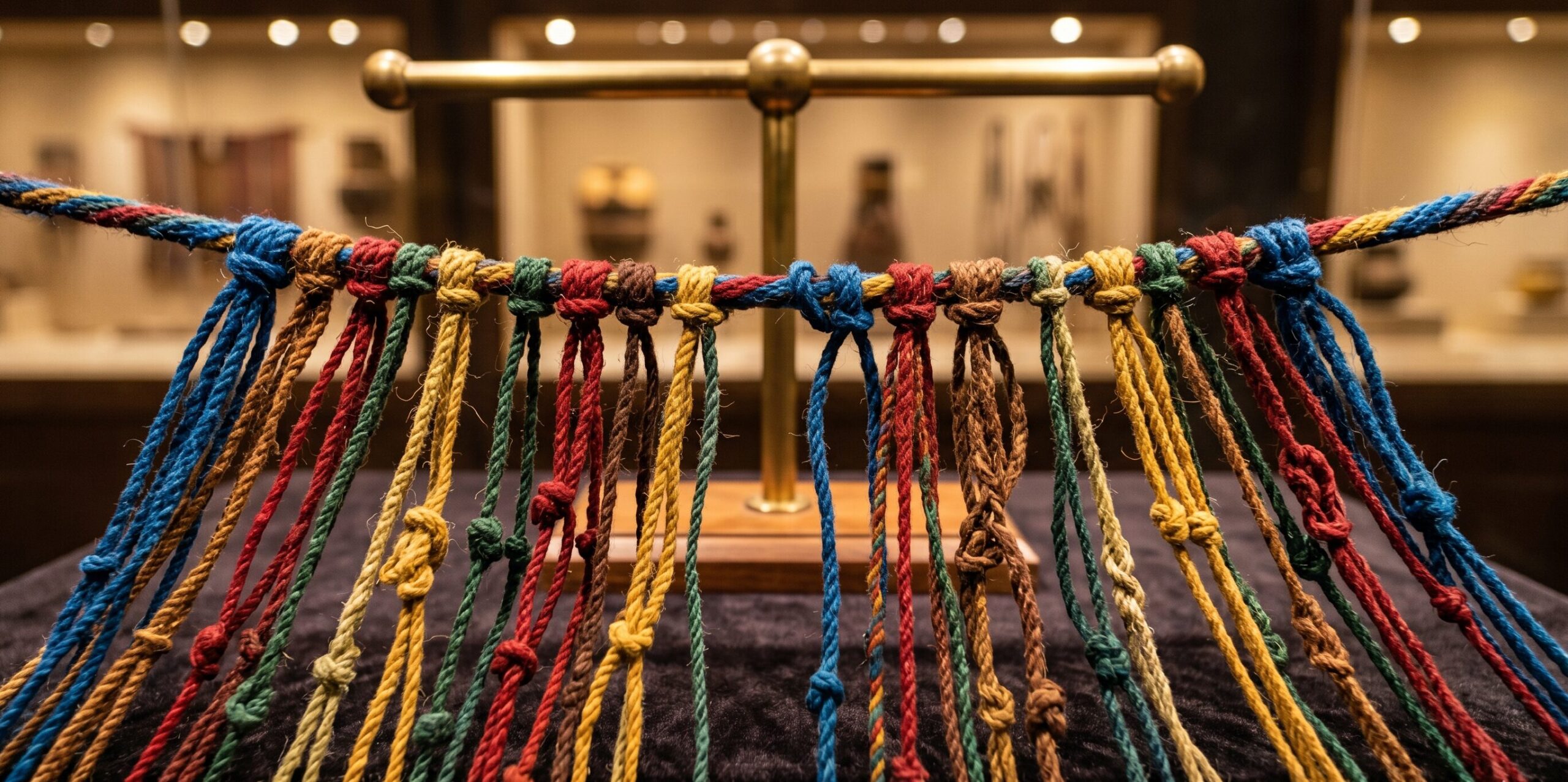 インカ帝国のキープ（結び縄）のクローズアップ。色・結び目の種類・位置で数値と情報を記録した多次元データ記録装置。現存する約600点のうちの一つ。