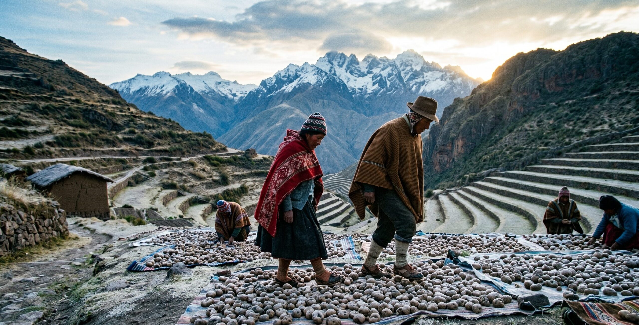 アンデス高地でのチューニョ製造。凍結させたジャガイモを素足で踏みつけ水分を絞り出す伝統的製法。インカ帝国が受け継いできた凍結乾燥保存食の技術。