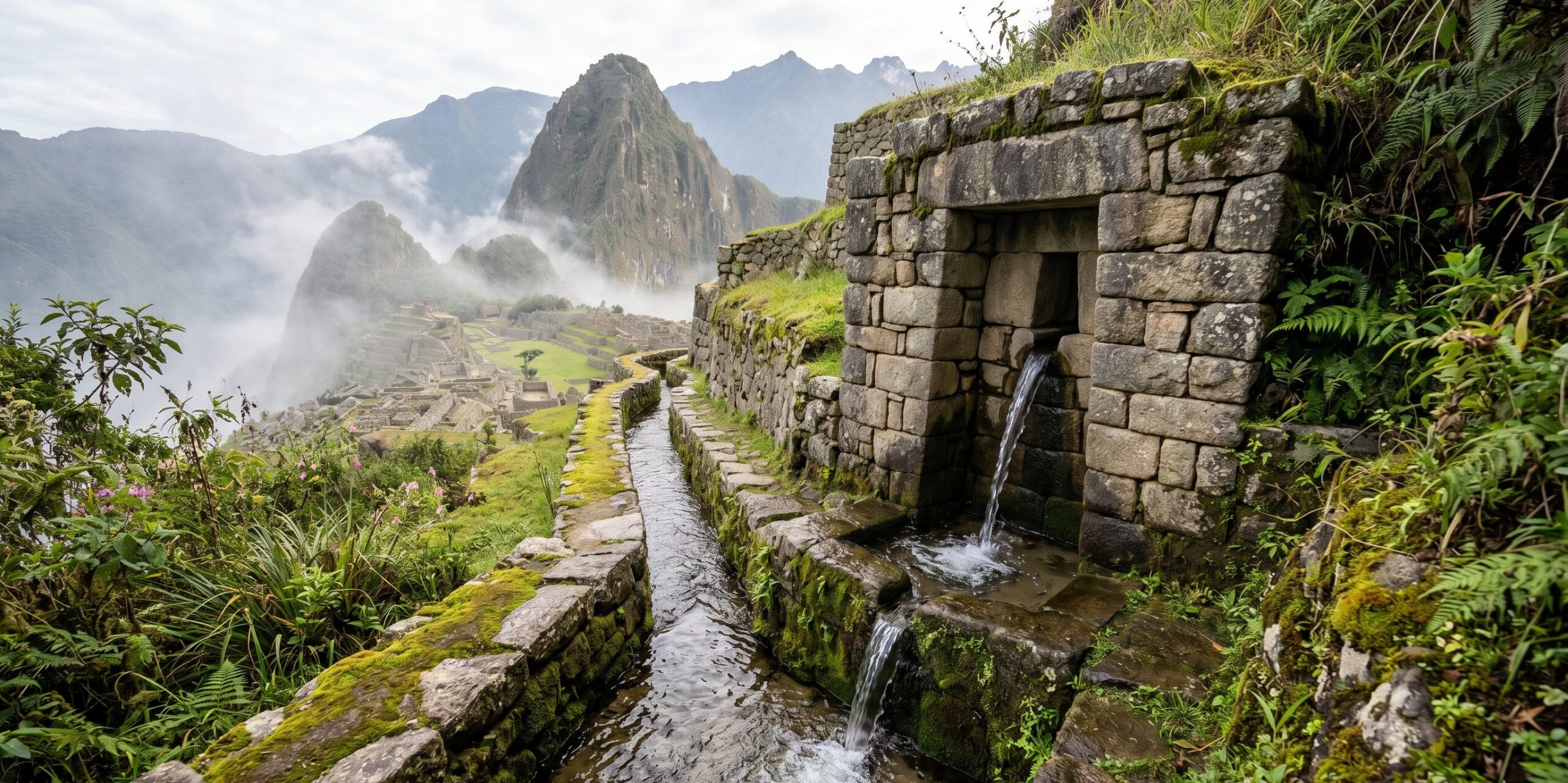 マチュピチュの石張り水路と階段状の噴水。重力のみで749m先まで水を届けたインカの水供給システム。16の噴水が上流から順に配置されている。