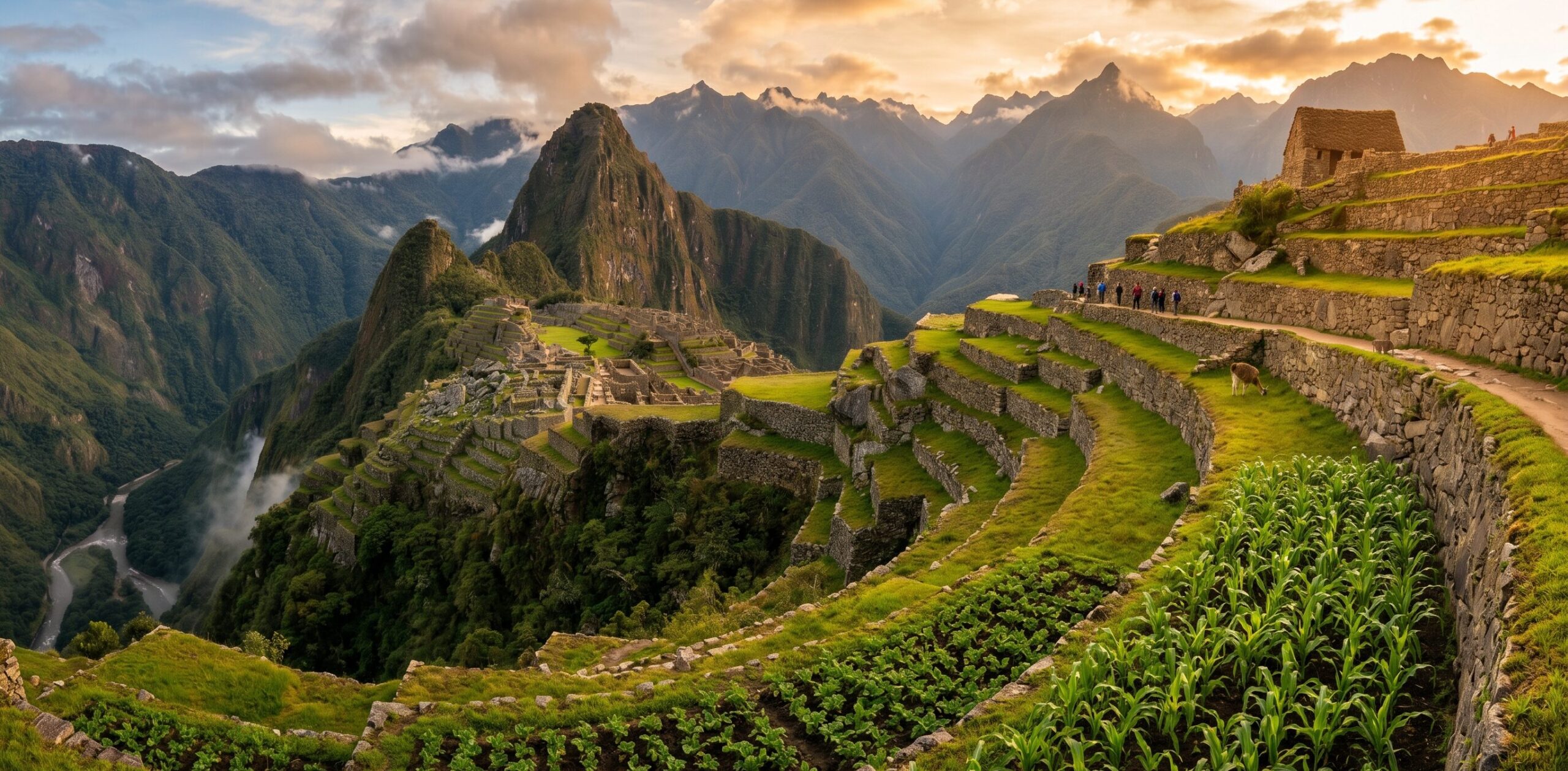 マチュピチュのアンデネス(インカの段々畑)全景。4層構造の地下排水システムを持つ石積みテラス。年間2,000mmの豪雨を処理した世界遺産の農業・土木技術。